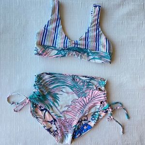 Maaji big Bralette with high waist bottoms swim suit set, Rose green island palm